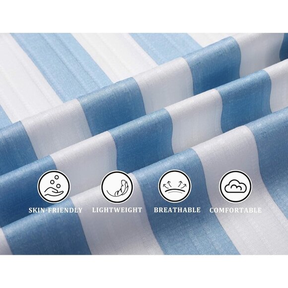 Men's Blue Thick Stripe Casual Short Sleeve Button Down Textured Beach Shirts - Picture 4 of 6